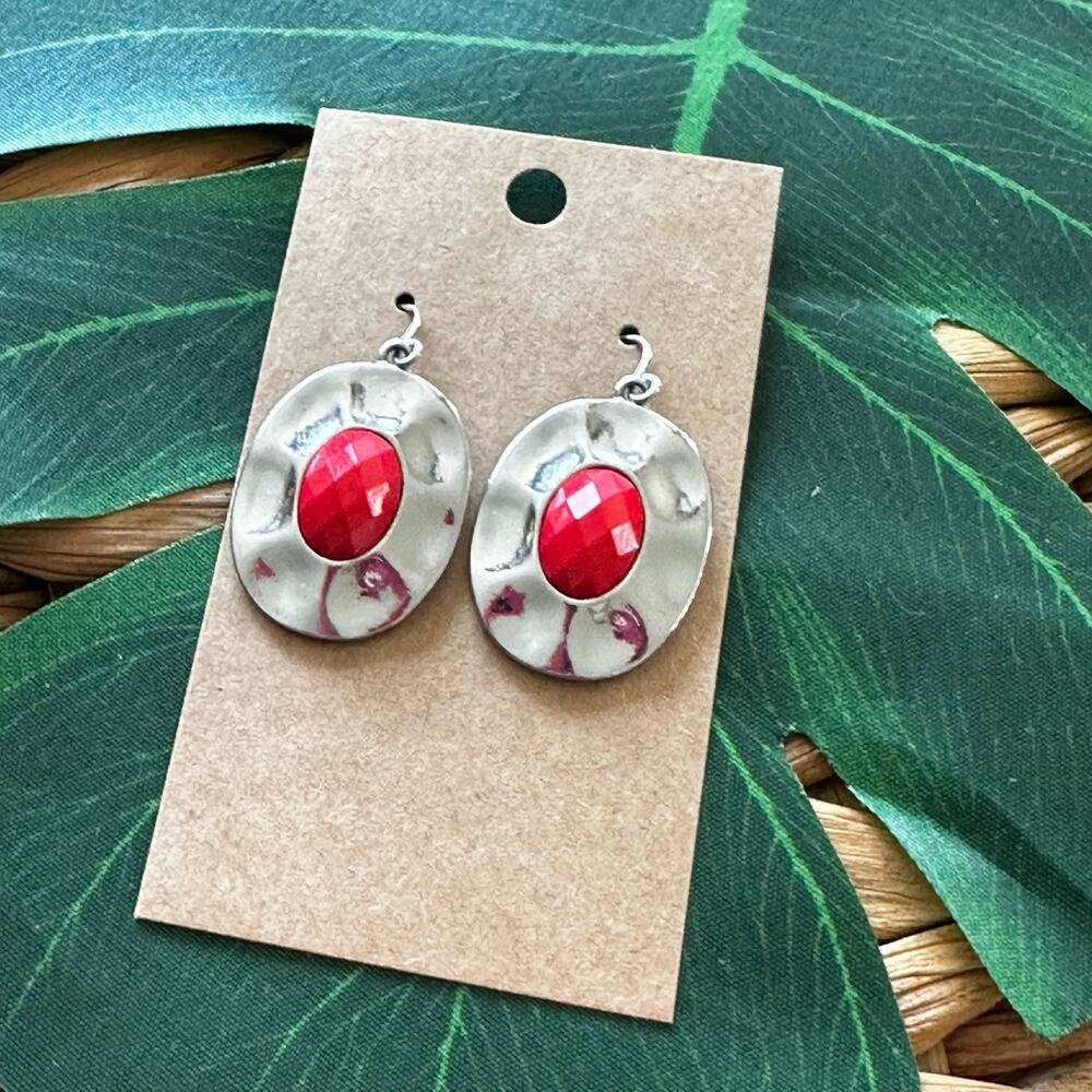 BOGO FREE Bohemian Style Metal Red Gemstone Asymmetrical Oval Shaped Earrings - Picture 5 of 6